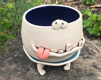 X-LARGE GOOFY cobalt blue and turquoise blue PotBellied PotHead succulent planter set with cute monster face