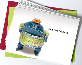 Happy Elfin Holidays silly holiday card with grumpy grinch monster in an ugly holiday sweater