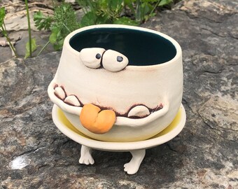 GOOFY teal green and lemon yellow PotBellied PotHead succulent planter set with cute monster face
