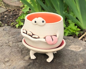 GOOFY tangerine orange and cherry red PotBellied PotHead succulent planter set with cute monster face