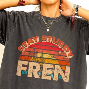 Puede incluir: Camiseta gris oscuro con un diseño retro. El diseño presenta el texto "STAY STURDY FREN" en una fuente colorida en capas, con un gráfico de puesta de sol y montaña. La camiseta tiene mangas cortas y un corte relajado.