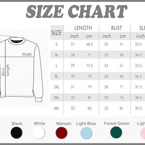 Op de afbeelding: Een maattabel voor een shirt met lange mouwen met een lijntekening met labels voor breedte, shirtlengte en mouwlengte. Een tabel geeft afmetingen in inches en centimeters voor de maten S tot 4XL. Kleurstalen zijn zand, zwart, wit, bordeauxrood, lichtblauw, bosgroen en lichtroze.