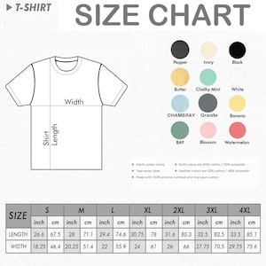 Op de afbeelding: Een witte t-shirt maattabel met afmetingen in inches en centimeters. De tabel bevat de lengte en breedte van het shirt voor de maten S tot en met 4XL. Kleurstalen zijn onder meer peper, ivoor, zwart, boter, krijtmunt, wit, chambray, graniet, banaan, baai, bloesem en watermeloen.