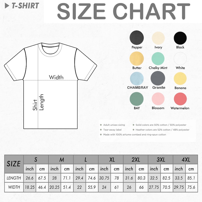 May include: A T-shirt size chart featuring a line drawing of a shirt with width and length labels, a color palette with twelve circular swatches labeled by name, and a table listing measurements in inches and centimeters for sizes S to 4XL.