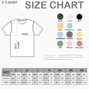 Op de afbeelding: Een T-shirt maattabel met een lijntekening van een T-shirt met breedte- en lengte-aanduidingen, een kleurenpalet met twaalf benoemde cirkelvormige stalen en een tabel met afmetingen in inches en centimeters voor de maten S tot en met 4XL.