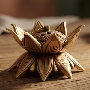 Handcrafted Brass Lotus Loban Daan with Removable Burner Lid | Antique Gold Finish Dhoop Dani Incense Holder Bowl | Traditional Indian Decor