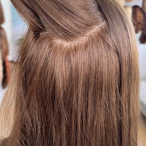 May include: A medium brown hairpiece featuring a monofilament top construction that mimics the appearance of a natural scalp. The straight, smooth hair strands are parted and layered, showcasing a realistic transition from the base to the lengths.