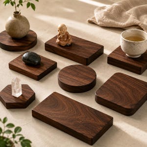 May include: A collection of dark brown wooden display stands in various shapes including rectangular, circular, and hexagonal. These solid wood platforms feature a smooth, polished finish with visible wood grain patterns, designed to hold small decorative items.