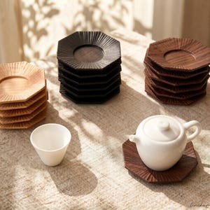 Handmade Octagonal Wooden Coaster | Wabi Sabi Walnut Tea Cup Holder | Japanese Zen Coffee Mug Rug | Minimalist Desk Decor | Rustic Gift