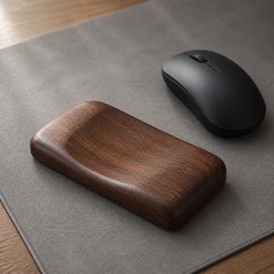 May include: A rectangular dark brown wooden wrist rest with a smooth, contoured surface and rounded edges, positioned next to a matte black wireless computer mouse. The wrist rest features a visible natural wood grain pattern throughout its surface.