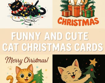 Funny & Cute Cat Christmas Cards | Printable Holiday Cat Cards | Merry Cat-mas Greeting Card Set | Cute Cat Xmas Art Prints
