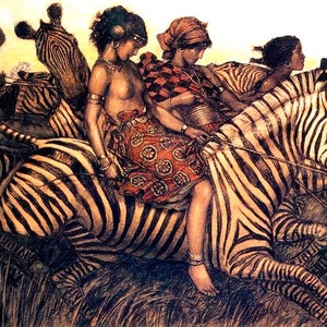 Femmes chevauchant des zèbres, impression 7 x 11 po.