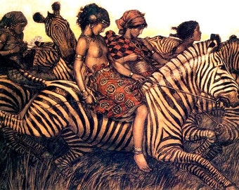 Women Riding Zebras, 11x14 Print