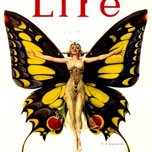May include: A vintage magazine cover illustration of a woman with butterfly wings. The woman is wearing a white dress with gold embellishments and a crown. The magazine cover is titled "Life" and the illustration is captioned "The Flapper".