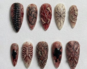 Handmade Horror Press On Nails | 3D Gore Anatomy Bone Design | Long Stiletto Nails in Bloody Red Beige for Halloween Creepy Gothic Look