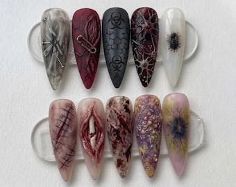 Handmade Horror Gore Press On Nails - Zombie Wound 3D Nail Art - Creepy Halloween Stiletto Nails for Dark Vibe