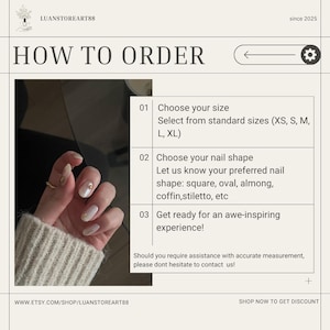 May include: Image showing a hand with long, oval-shaped artificial nails. The nails are a light, pearlescent color with gold accents. Text on the image reads "HOW TO ORDER" and provides instructions for selecting size and shape.