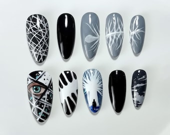 Eren Yeager Founding Titan Press on Nails | Attack on Titan Anime Nail Art | Hand Painted Custom Reusable Nails | Dark Grey Aesthetic Set