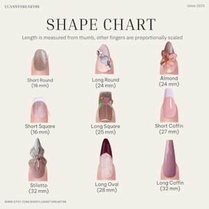 May include: Shape chart showing various nail shapes, including Short Round (16 mm), Long Round (24 mm), Almond (24 mm), Short Square (16 mm), Long Square (25 mm), Short Coffin (27 mm), Stiletto (32 mm), Long Oval (28 mm), and Long Coffin (32 mm).