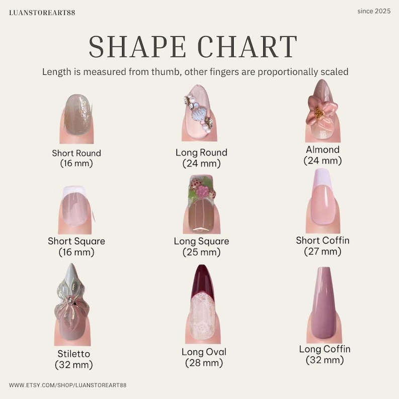 May include: Shape chart showing various nail shapes, including Short Round (16 mm), Long Round (24 mm), Almond (24 mm), Short Square (16 mm), Long Square (25 mm), Short Coffin (27 mm), Stiletto (32 mm), Long Oval (28 mm), and Long Coffin (32 mm).