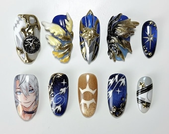 Honkai Star Rail Press on Nails | Luxury 3D Armor Anime Nails | Custom Hand Painted HSR Fake Nails | Celestial Blue Gold Star Gift