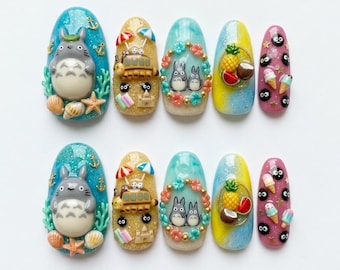 Handmade Cute Cartoon Beach Press On Nails | 3D Totoro, Fruit, Ice Cream, Starfish, Kawaii Art | Medium Almond Nails for Summer Vacation
