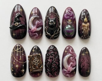 Handmade Gothic Witch Press On Nails - 3D Raven, Snake, Potion & Mystic Art - Almond Nails for Dark Fantasy Vibes