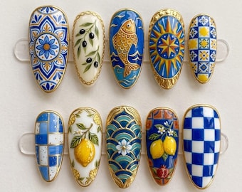 Handmade Mediterranean Press On Nails - Lemon Fish Tile Art Design - Almond Nails for Italian Summer Coastal Vacation Vibes