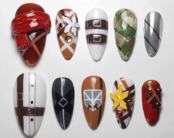 Attack on Titan Inspired Press On Nails | Mikasa Red Scarf Anime Nails | Wings of Liberty Custom Nails | Handmade 3D Shingeki Fake Nails