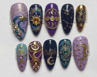 Handmade Celestial Galaxy Press On Nails | 3D Golden Sun, Moon Phases & Zodiac Star Constellation Designs | Almond for Witchy Magic Vibes