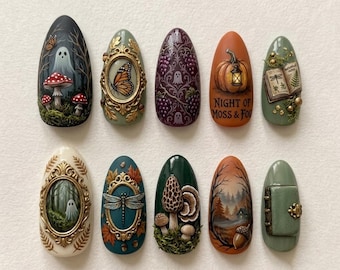 Ręcznie robione paznokcie prasowane Dark Forest Press On Nails – trójwymiarowy wzór Ghost Mushroom Cottage w stylu gotyckim – paznokcie migdałowe dla zaczarowanego klimatu
