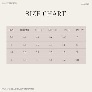May include: A size chart with the text "SIZE CHART" at the top. The chart lists sizes XS, S, M, and L, with corresponding measurements for thumb, index, middle, ring, and pinky fingers. The Etsy shop name and website are at the bottom.