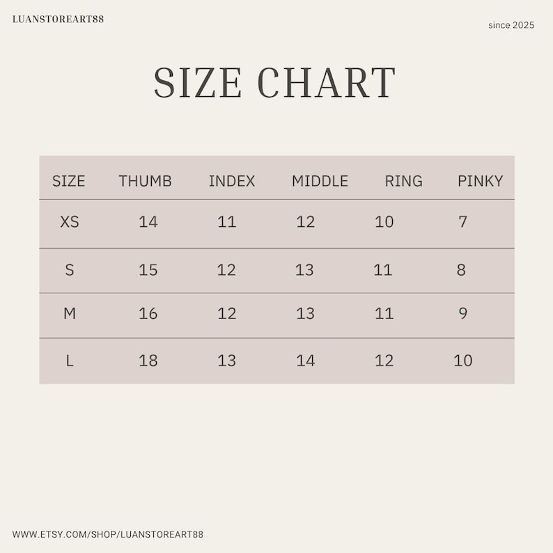 May include: A size chart with the text "SIZE CHART" at the top. The chart lists sizes XS, S, M, and L, with corresponding measurements for thumb, index, middle, ring, and pinky fingers. The Etsy shop name and website are at the bottom.