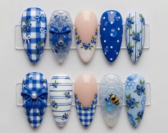 Handmade Blue Gingham Press On Nails | 3D Bow, Blueberry, Bee, Polka Dot | Long Almond Nails in Blue White for Cute Cottagecore Look