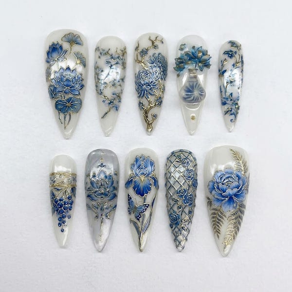 Handmade Blue Porcelain Press On Nails | with Lotus Peony Butterfly Gold Details | Stiletto Nails in White Blue Palette for Elegant Look