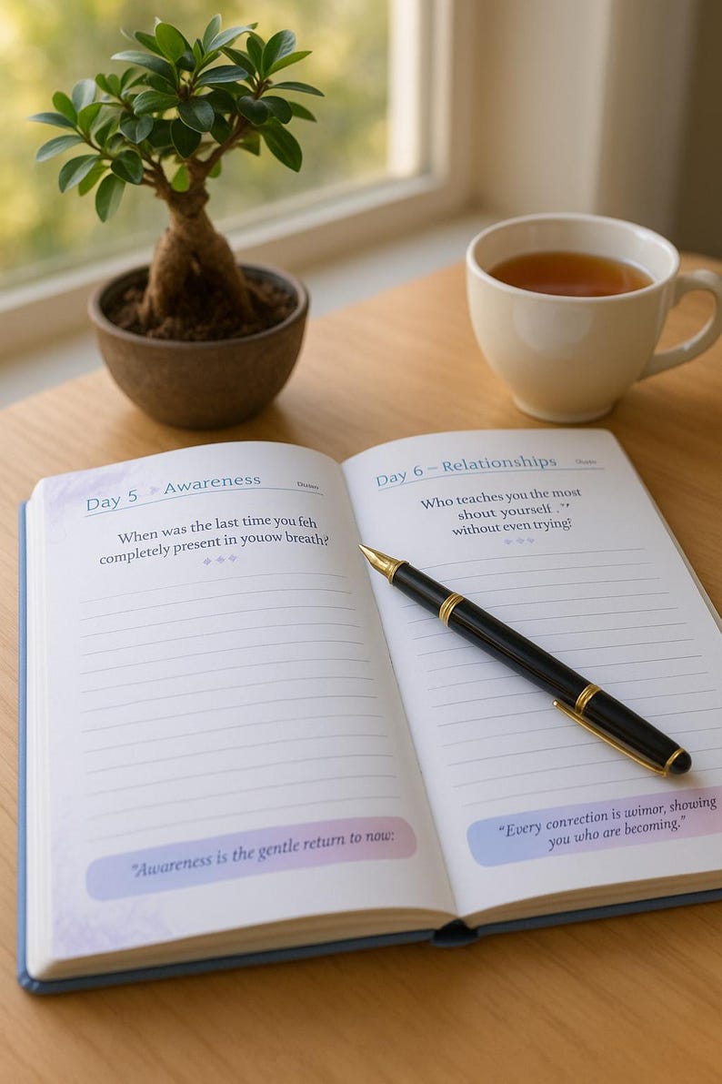May include: An open journal with lined pages, a black pen, and a cup of tea sit on a wooden table. A small bonsai tree in a brown pot is also on the table. The journal pages read "Day 5 - Awareness" and "Day 6 - Relationships".