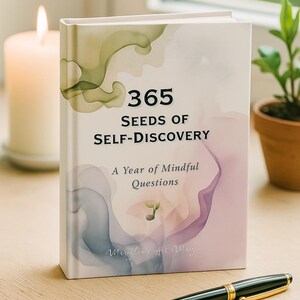 May include: A hardcover book titled "365 Seeds of Self-Discovery" with the subtitle "A Year of Mindful Questions." The cover features watercolor-style artwork in shades of green, purple, and pink. A black and gold pen rests on the wooden surface.