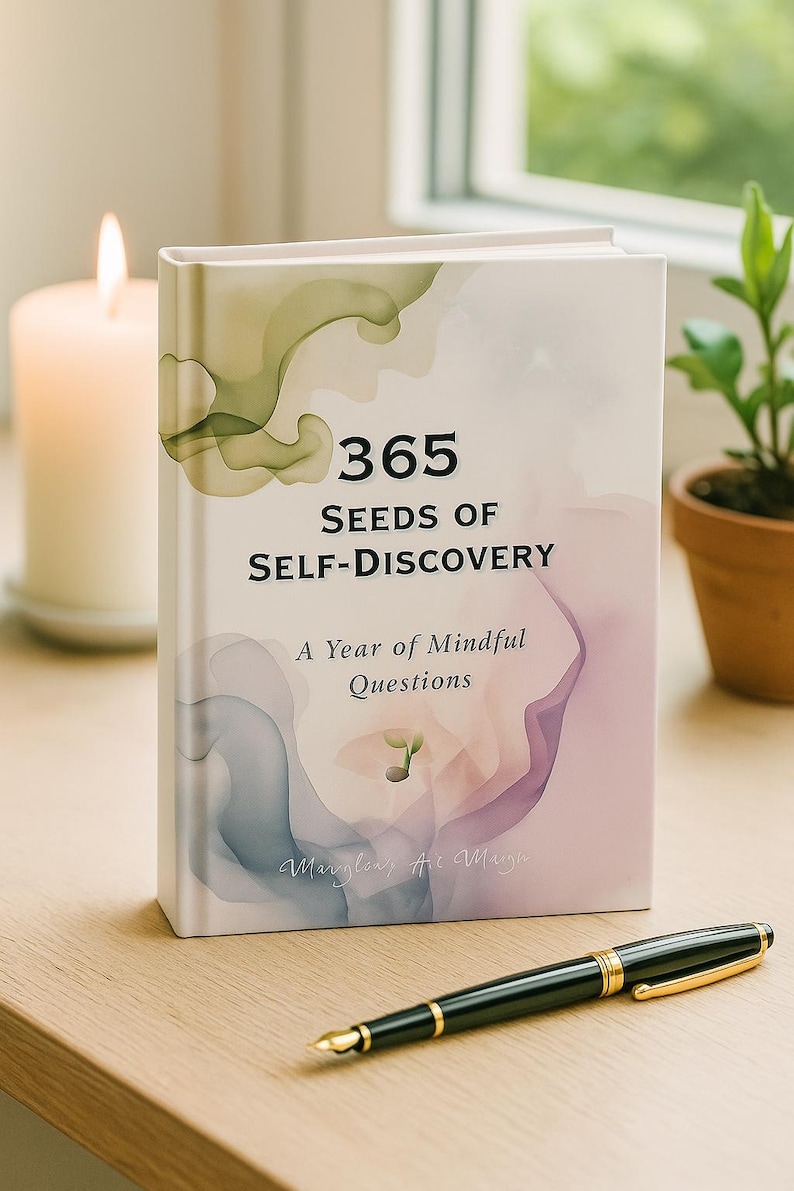 May include: A hardcover book titled "365 Seeds of Self-Discovery" with the subtitle "A Year of Mindful Questions." The cover features watercolor-style artwork in shades of green, purple, and pink. A black and gold pen rests on the wooden surface.