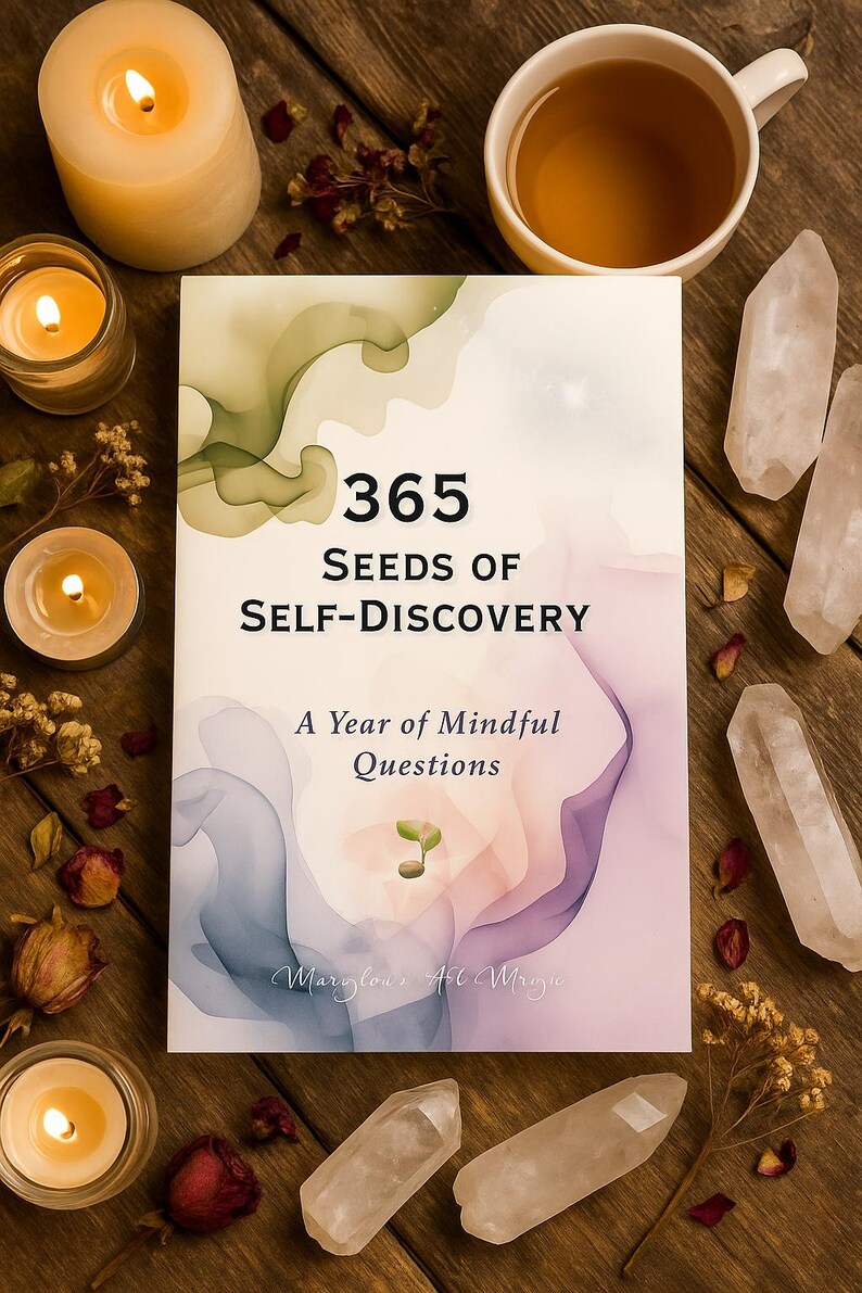 May include: A book titled "365 Seeds of Self-Discovery" with watercolor-style artwork. The image includes lit candles, crystals, and a cup of tea, creating a serene, mindful theme. The book's subtitle reads "A Year of Mindful Questions."