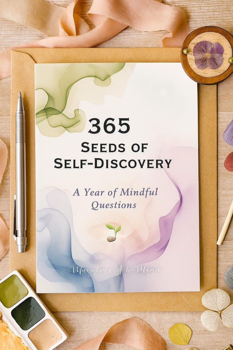 May include: A journal titled "365 Seeds of Self-Discovery" with the subtitle "A Year of Mindful Questions." The cover features watercolor-style artwork in shades of green, blue, and purple. A silver pen and a watercolor palette are also visible.