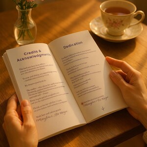 May include: An open book with the text "Credits & Acknowledgments" and "Dedication" is held by hands. A cup of tea on a saucer and a vase of pink flowers sit on a wooden table. The book's pages are filled with text.