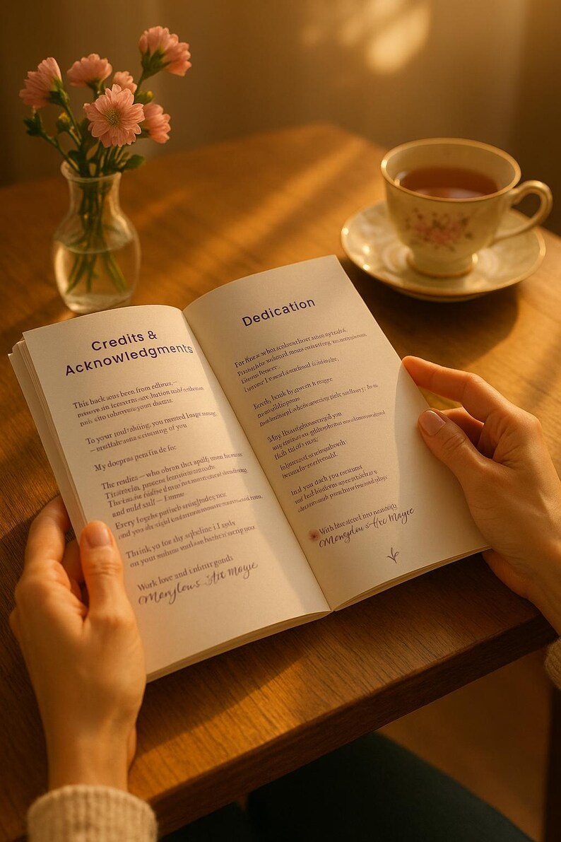 May include: An open book with the text "Credits & Acknowledgments" and "Dedication" is held by hands. A cup of tea on a saucer and a vase of pink flowers sit on a wooden table. The book's pages are filled with text.