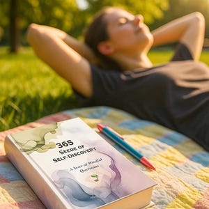 May include: A hardcover book titled "365 Seeds of Self-Discovery" with a watercolor design on the cover, lying on a colorful blanket. A blue and red pen rests beside the book. The image is taken outdoors with a person relaxing in the background.