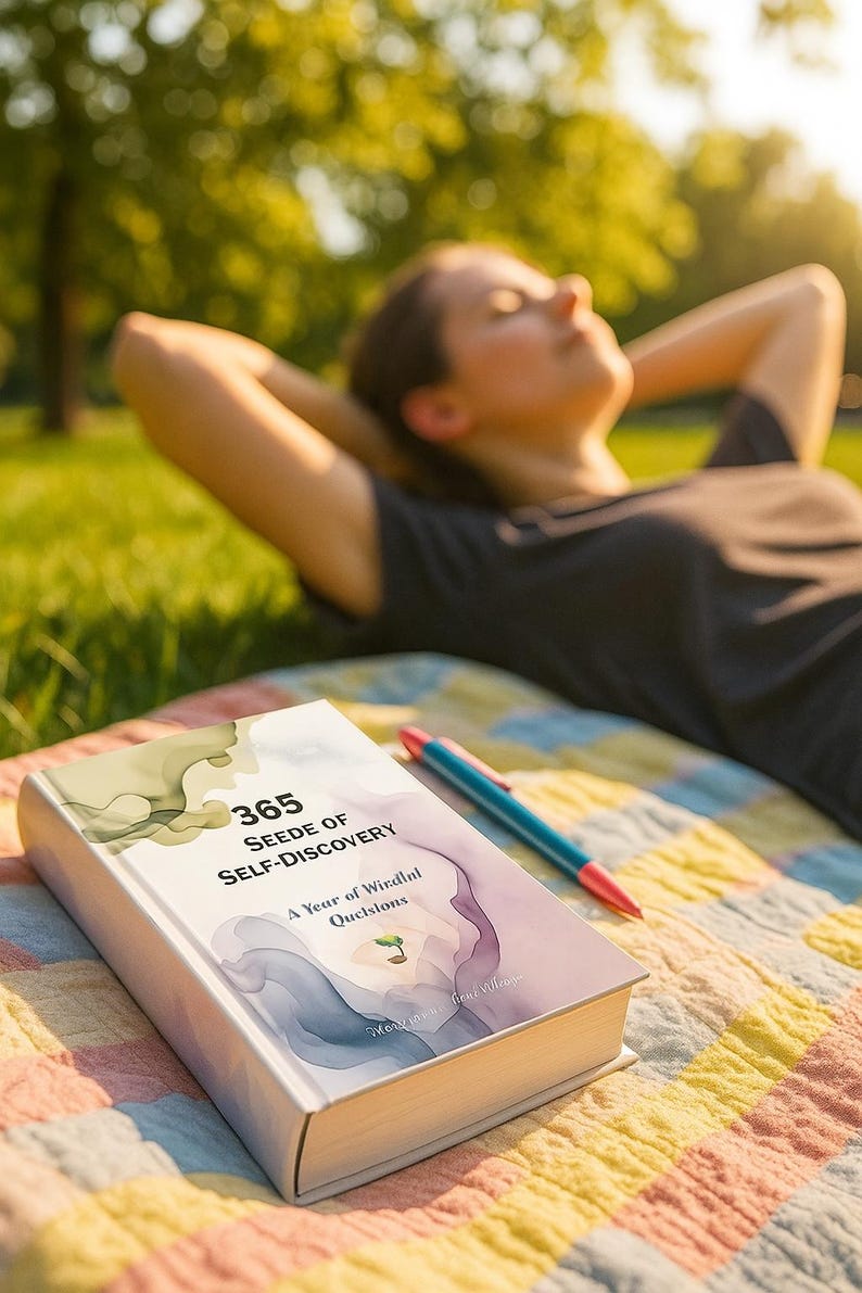 May include: A hardcover book titled "365 Seeds of Self-Discovery" with a watercolor design on the cover, lying on a colorful blanket. A blue and red pen rests beside the book. The image is taken outdoors with a person relaxing in the background.