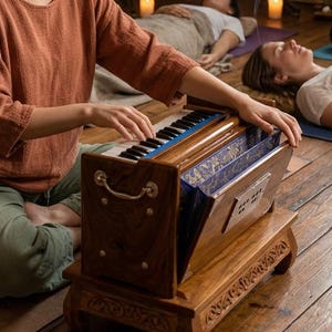 May include: A woman playing a wooden harmonium with blue and white keys, seated on a patterned mat. Several people are lying down on mats in a dimly lit room, with candles and a gong in the background. The room has a spiritual or meditative atmosphere.