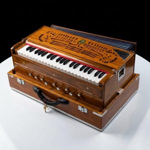 May include: A wooden harmonium musical instrument featuring a keyboard with white and black keys, a bellows system at the back, and a series of metal knobs on the front. The instrument includes a black carrying handle and metal latches.