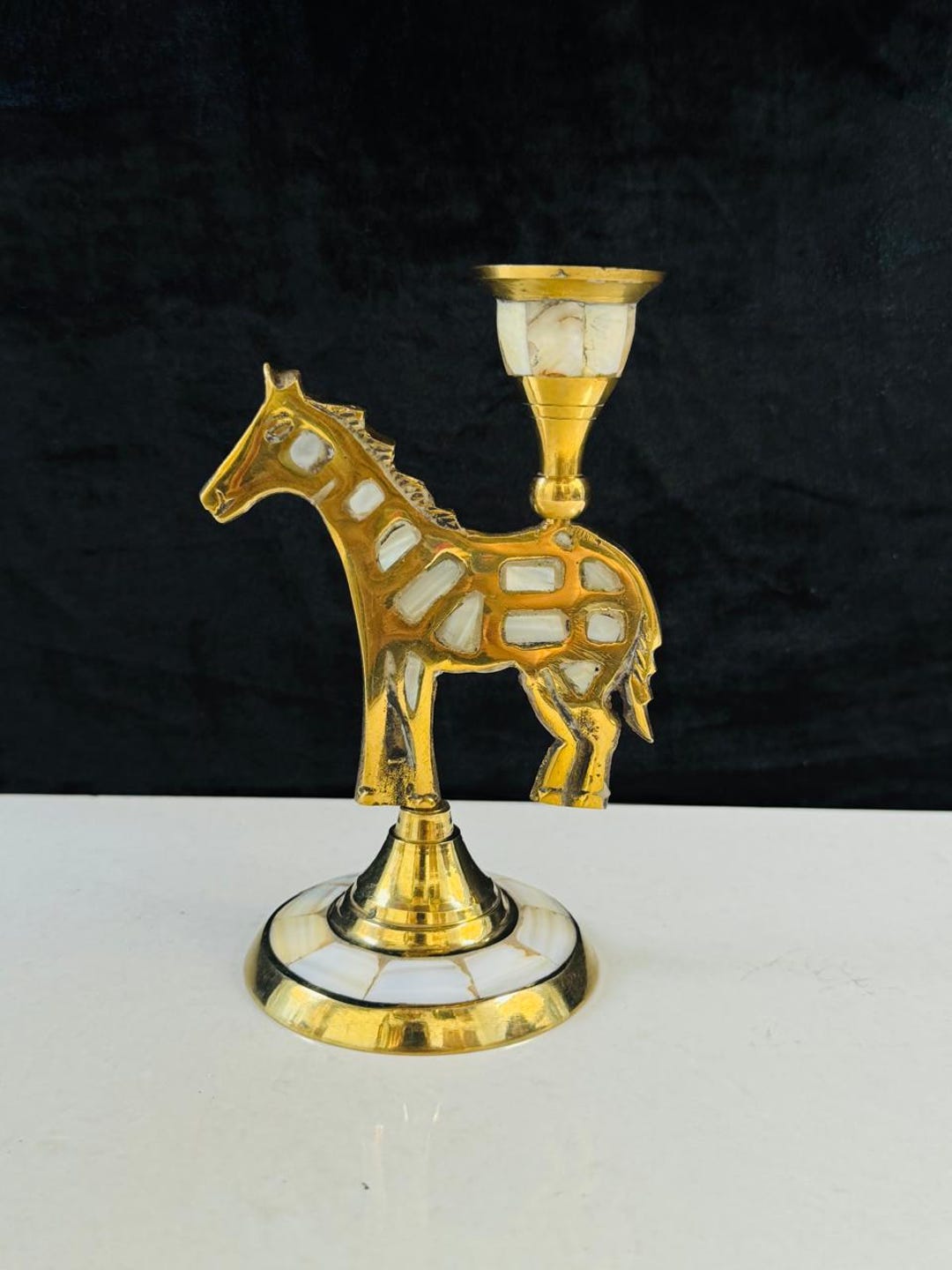 Vintage Brass Horse Candle Holder With Mother of Pearl Inlay