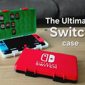 May include: A red and black Nintendo Switch carrying case with a white logo on the lid. An open white case displays a green interior with slots for nine game cartridges and a console with blue and red controllers attached to the sides.