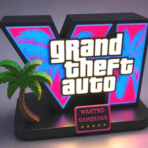 May include: A decorative sign featuring the Grand Theft Auto V logo with a large letter V, a palm tree, and a small rectangular plaque that reads WANTED GAMERTAG with five stars. The design uses a vibrant colour palette of neon pink and bright blue.