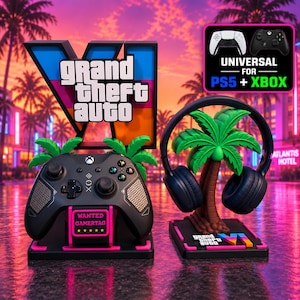 May include: A black gaming controller stand featuring a Grand Theft Auto VI logo and a palm tree headphone stand. The controller stand includes a pink Wanted Gamertag display. A sign indicates universal compatibility for PS5 and Xbox controllers.